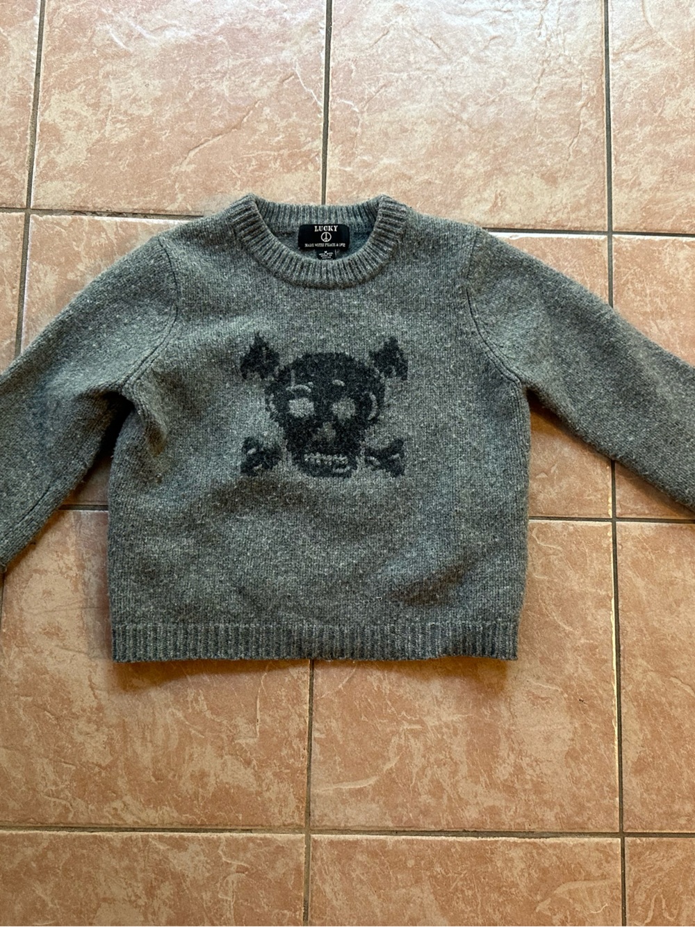 Lucky Brand Gray Crewneck Sweater with Skull Accent